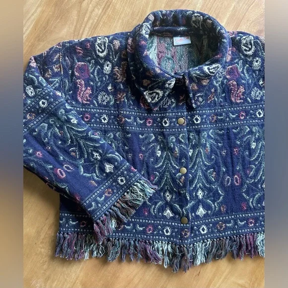 Handmade Upcycled Floral Blanket Jacket with Fringe - Picture 2 of 6